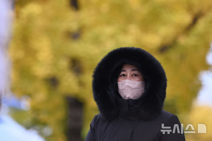 [광주=뉴시스] 이영주 기자 = 광주·전남 최저기온이 영하 4.8도를 기록한 18일 오전 광주 북구 오치동 한 사거리에서 시민이 패딩과 마스크로 중무장 한 채 신호를 기다리고 있다. 2025.11.18. leeyj2578@newsis.com