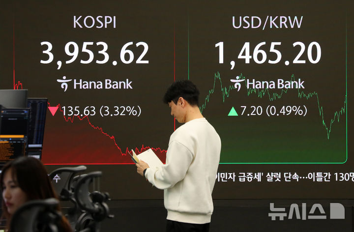 [서울=뉴시스] 김혜진 기자 = 서울  중구 하나은행 딜링룸 전광판에 지수가 표시되고 있다. 2025.11.18. jini@newsis.com