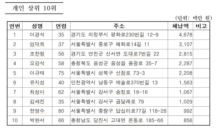 [서울=뉴시스] 신규 명단 공개 체납자 상위 10명. 2025.11.19. (표=서울시 제공) *재판매 및 DB 금지