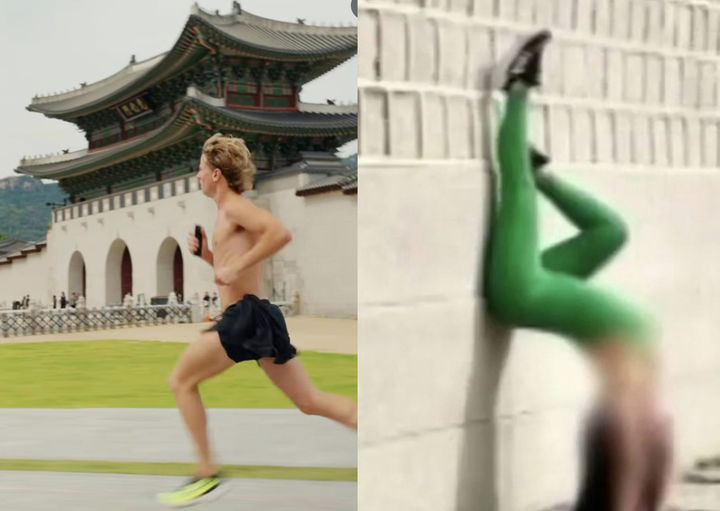 [서울=뉴시스] 경복궁 인근에서 상의를 탈의하고 러닝한 외국인(왼쪽)과 요가를 하는 외국인 (사진= 서경덕 교수팀 제공) 2025.11.19. photo@newsis.com *재판매 및 DB 금지