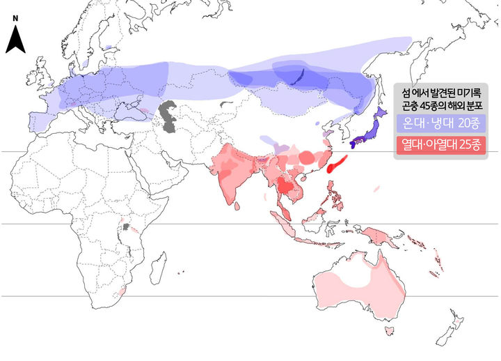 [목포=뉴시스]국내 섬에서 발견된 미기록종 곤충 45종의 해외분포 현황. (사진=국립호남권생물자원관 제공) 2025.11.19. photo@newsis.com *재판매 및 DB 금지