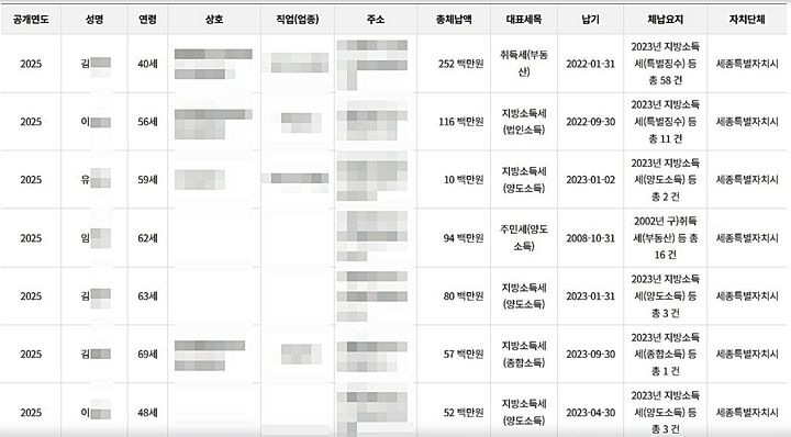 [세종=뉴시스] 2025년 신규 세종시 개인, 지방세 고액체납자 명단 일부.(사진=위택스 캡처). 2025.11.19. photo@newsis.com. *재판매 및 DB 금지