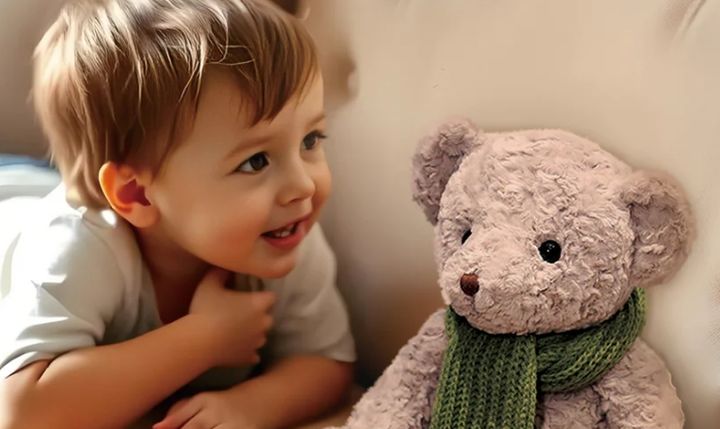 [뉴시스] 폴로토이(FoloToy)의 중국산 어린이용 쿠마(Kumma) AI 곰인형이 성적 발언을 하고 가정 내 칼 위치까지 안내한 사실이 드러나면서 판매가 전면 중단됐다. 사진은 쿠마 곰인형과 아이의 모습. (사진 = 폴로토이 캡처) 2025.11.19. *재판매 및 DB 금지