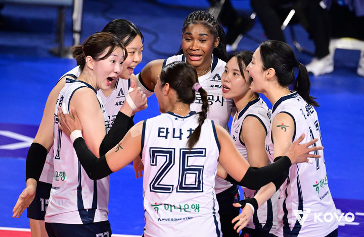 [서울=뉴시스] 여자배구 한국도로공사 선수들이 19일 화성종합실내체육관에서 열린 진에어 2025~2026 V-리그 여자부 경기에서 IBK기업은행을 상대로 득점에 성공한 뒤 기뻐하고 있다. (사진=KOVO 제공) 2025.11.19.&nbsp; *재판매 및 DB 금지