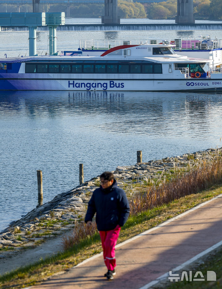 [서울=뉴시스] 정병혁 기자 = 19일 서울 송파구 잠실도선장에 한강버스가 정박되어 있다. 지난 15일 잠실선착장 인근에서 강바닥에 걸려 멈췄던 한강버스가 도선장으로 이동됐다. 서울시는 이날 저녁 만조 시점에 자력이동 또는 예인선 작업을 통해 인양하려 했으나 지난 18일 한강 수위가 올라 자력 이동으로 도선장으로 이동했다"고 밝혔다. 2025.11.19. jhope@newsis.com