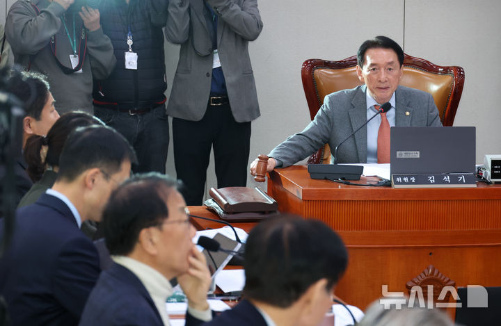 [서울=뉴시스] 김금보 기자 = 김석기 국회 외교통일위원회 위원장이 19일 오전 서울 여의도 국회에서 열린 전체회의에서 의사봉을 두드리고 있다. 2025.11.19. kgb@newsis.com