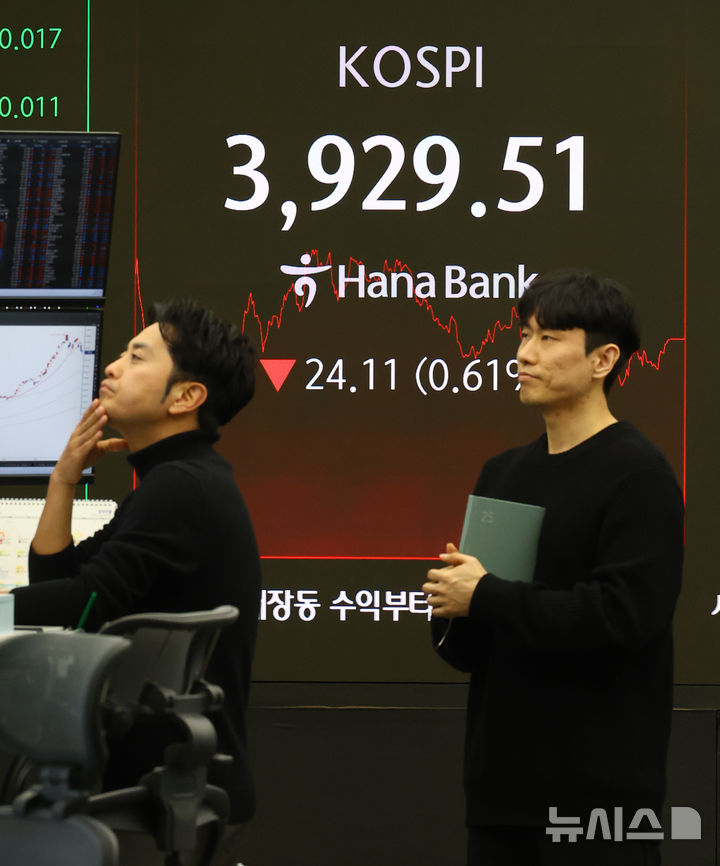 [서울=뉴시스] 박주성 기자 = 19일 오후 서울 중구 하나은행 딜링룸에서 딜러들이 업무를 하고 있다.코스피는 전 거래일(3953.62)보다 24.11포인트(0.61%) 내린 3929.51에 장을 마쳤다. 2025.11.19. park7691@newsis.com