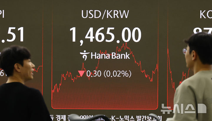 [서울=뉴시스] 박주성 기자 = 19일 오후 서울 중구 하나은행 딜링룸에서 딜러들이 업무를 하고 있다.서울 외환시장에서 원·달러 환율은 전 거래일(1465.3원)보다 0.3원 오른 1465.6원에 주간 거래를 마감했다. 2025.11.19. park7691@newsis.com