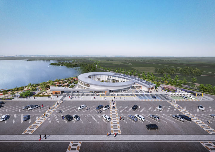 [서울=뉴시스] 국토교통부(장관 김윤덕)는 한국도로공사(사장 함진규)와 새만금포항고속도로 새만금-전주 구간을 오는 22일 오전 10시 개통한다고 20일 밝혔다. 사진은 새만금전주 김제(새만금)휴게소 신축공사 조감도. 2025.11.20. (사진=국토교통부 제공) photo@newsis.com *재판매 및 DB 금지