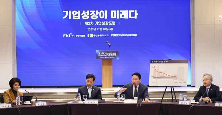 [서울=뉴시스]최태원 SK그룹 겸 대한상공회의소 회장이 20일 오전 서울 영등포구 CCMM빌딩에서 열린 '제2차 기업성장포럼'에서 인사말을 하고 있다. (사진 = 대한상의) photo@newsis.com  *재판매 및 DB 금지