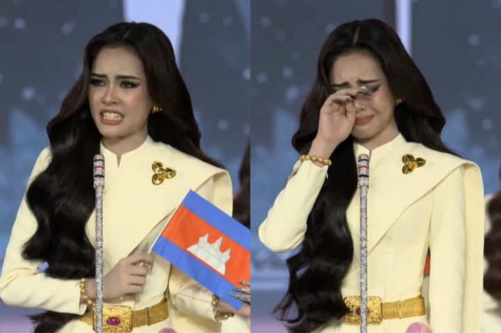 [뉴시스] 틴 캄보디아 미인대회 우승자인 추리 라오르후르스가 태국이 국제 분쟁을 조장했다고 비판하는 정치적 발언을 하면서 논란이 일고 있다. 연설 당시 라오르후르스의 모습. (사진 = 엑스 갈무리) 2025.11.20. *재판매 및 DB 금지