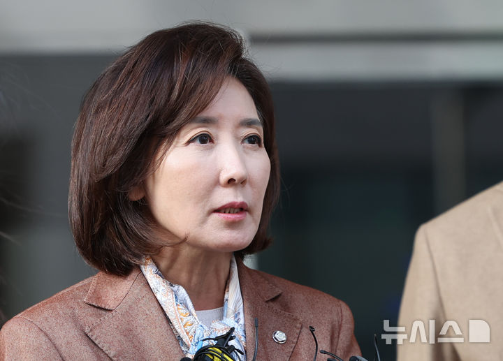 [서울=뉴시스] 황준선 기자 = 나경원 국민의힘 의원이 20일 오후 서울 양천구 서울남부지방법원에서 열린 국회 '패스트트랙 충돌' 사건 선고 기일을 마친 뒤 법정을 나서며 입장을 밝히고 있다. 지난 2019년 4월 고위공직자범죄수사처 신설 법안과 연동형 비례대표제 도입 법안 등에 대한 패스트트랙(신속처리 안건) 지정 여부를 두고 물리적으로 충돌하며 국회 의사 진행을 방해한 혐의로 기소된 나 의원은 이날 벌금 2400만원을 선고 받았다. 2025.11.20. hwang@newsis.com