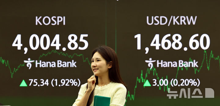[서울=뉴시스] 최진석 기자 = 코스피가 전 거래일(3929.51)보다 75.34포인트(1.92%) 오른 4004.85에 장을 마친 20일 서울 중구 하나은행 딜링룸에 종가가 보이고 있다.   코스닥 지수는 전 거래일(871.32)보다 20.62포인트(2.37%) 상승한 891.94에 거래를 종료, 서울 외환시장에서 원·달러 환율은 전 거래일(1465.6원)보다 2.3원 오른 1467.9원에 주간 거래를 마감했다. 2025.11.20. myjs@newsis.com