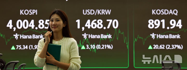 [서울=뉴시스] 최진석 기자 = 코스피가 전 거래일(3929.51)보다 75.34포인트(1.92%) 오른 4004.85에 장을 마친 20일 서울 중구 하나은행 딜링룸에 종가가 보이고 있다.&nbsp; 코스닥 지수는 전 거래일(871.32)보다 20.62포인트(2.37%) 상승한 891.94에 거래를 종료, 서울 외환시장에서 원·달러 환율은 전 거래일(1465.6원)보다 2.3원 오른 1467.9원에 주간 거래를 마감했다. 2025.11.20. myjs@newsis.com
