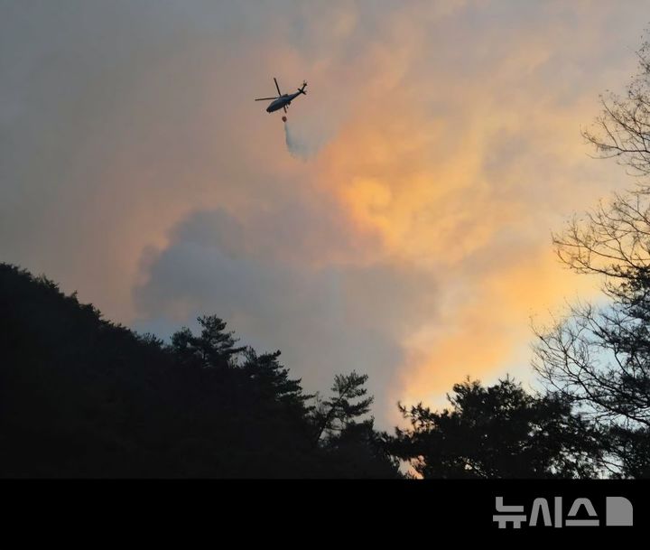 [인제=뉴시스] 서백 기자= 21일 소방당국은 지난 20일 강원 인제군 기린면 현리 일원에서 발생한 산불 현장에 21일 오전 8시 현재 산림청진화 헬기 등 29대가 투입 예정된 가운데, 이중 산림청 헬기 8대, 임차 헬기 3대 등 11대가 진화작업중이라고 밝혔다. 2025.11.21. (사진 제공=강원특별자치도소방본부 제공) 2025.11.21.photo@newisi.com