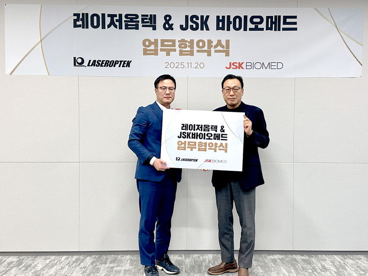 [서울=뉴시스] 피부 미용 및 질환 치료 레이저기기 전문기업 레이저옵텍은 JSK바이오메드와 바늘 없는 약물전달시스템(Microjet Drug Delivery System) '미라젯(Mirajet)'의 제품 경쟁력 강화 및 글로벌 시장 진출 확대를 위한 업무협약(MOU)을 체결했다고 21일 밝혔다. (사진=레이저옵텍 제공) 2025.11.21. photo@newsis.com *재판매 및 DB 금지
