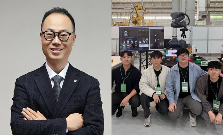 [천안=뉴시스] 한국기술교육대학교 컴퓨터공학부 (왼쪽)김원태 교수 연구팀이 ‘현대자동차 E-FOREST 테크데이 2025’에 참가해 작업자 협동형 Physical AI 로봇 기술을 선보였다.(사진=한국기술교육대학교 제공).2025.11.21.photo@newsis.com. *재판매 및 DB 금지