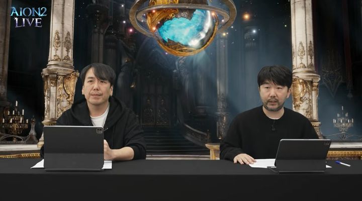 [서울=뉴시스] 소인섭 엔씨 '아이온2' 사업실장(왼쪽)과 김남준 '아이온2' 개발 PD는 21일 오후 4시께 공식 유튜브를 통해 긴급 라이브 방송을 진행했다. (사진=엔씨소프트 '아이온2' 유튜브 캡처) *재판매 및 DB 금지