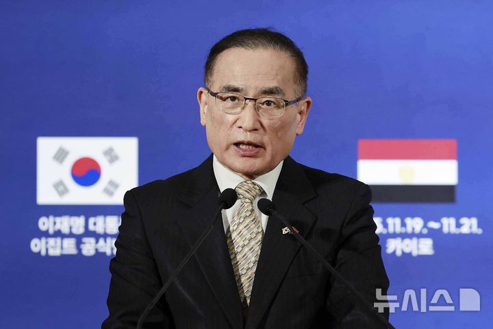 [카이로=뉴시스] 최동준 기자 = 위성락 국가안보실장이 20일(현지 시간) 이집트 카이로 한국 프레스센터에서 한-이집트 정상회담 관련 기자회견을 하고 있다. 2025.11.21. photocdj@newsis.com