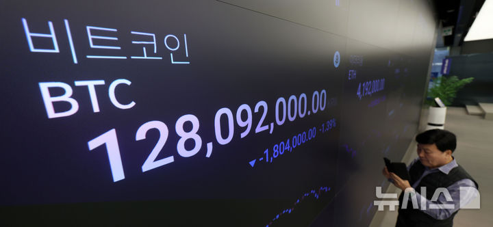 [서울=뉴시스] 김선웅 기자 = 지난 21일 오후 1시20분 서울 강남구 업비트 고객센터 전광판에서 비트코인 시황이 표시되고 있다. 2025.11.21. mangusta@newsis.com