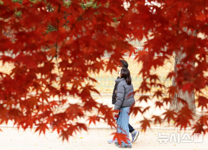 [서울=뉴시스] 이영환 기자 = 주말까지 기온이 오름세를 보이며 평년보다 온화한 날씨가 예보된 21일 오후 서울울 중구 덕수궁에서 관람객들이 산책을 하고 있다. 2025.11.21. 20hwan@newsis.com