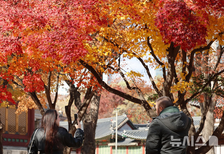 [서울=뉴시스] 이영환 기자 = 주말까지 기온이 오름세를 보이며 평년보다 온화한 날씨가 예보된 21일 오후 서울울 중구 덕수궁에서 관광객들이 붉게 물든 단풍을 구경하고 있다. 2025.11.21. 20hwan@newsis.com
