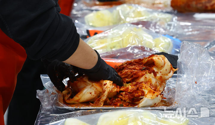 [서울=뉴시스] 박주성 기자 = 김치의 날인 22일 서울 양재동 aT센터에서 열린 2025 대한민국 김장대축제에서 대한민국 김치명인과 함께하는 김치담그기 체험에서 참가자들이 김치를 담그고 있다. 2025.11.22. park7691@newsis.com