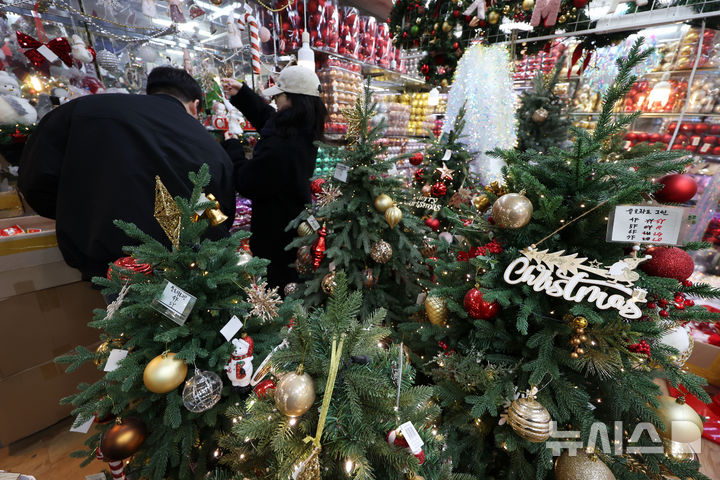 [서울=뉴시스] 홍효식 기자 = 크리스마스를 한 달여 앞둔 23일 서울 중구 남대문시장을 찾은 시민들이 크리스마스 장식 용품들을 둘러보고 있다. 2025.11.23. yesphoto@newsis.com