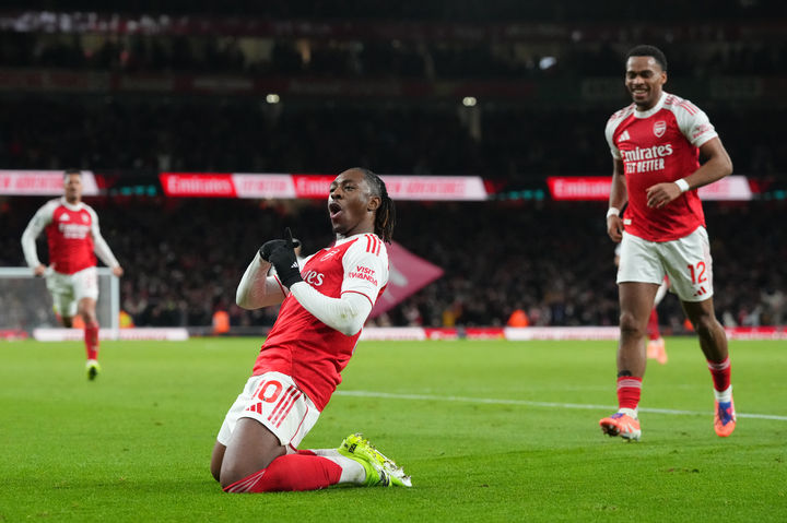 [런던=AP/뉴시스]아스널 에제, 토트넘전 해트트릭. 2025.11.23.