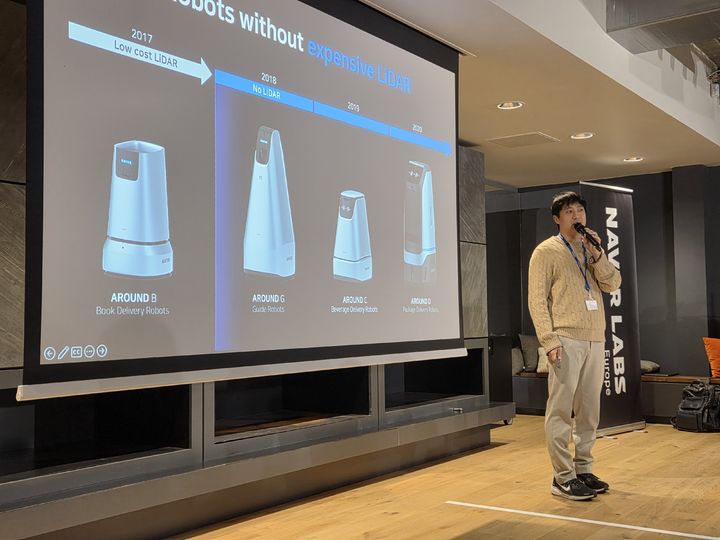 [서울=뉴시스] 24일 네이버에 따르면 네이버랩스 유럽은 지난 20일(현지 시간)부터 양일간 제4회 'AI 포 로보틱스' 워크숍을 열고 '더스터2'와 3D 바디모델 '애니'를 소개했다. 사진은 이동환 네이버랩스 리더가 발표하는 모습 (사진=네이버 제공) *재판매 및 DB 금지