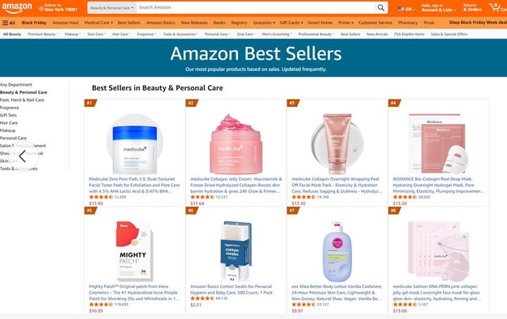 [서울=뉴시스] 아마존 뷰티 카테고리 베스트셀러 내 메디큐브 제품 모습 (사진=에이피알 제공) *재판매 및 DB 금지
