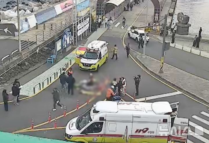 [제주=뉴시스] 24일 오후 제주 우도 천진항에서 승합차 돌진 사고가 발생해 경찰과 소방당국이 부상자 구조 및 수습에 나서고 있다. (사진=제주도 재난안전대책본부 CCTV 캡처) 2025.11.25. photo@newsis.com