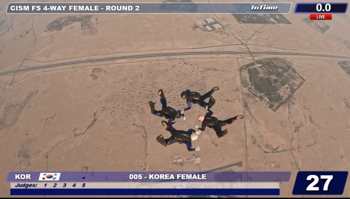 [서울=뉴시스] 지난 11월 18일(현지시간) 카타르 도하 쇼크핫 기지 상공에서 특전사 소속 여군 대표팀이 상호활동 강하 중인 모습. (사진=육군 제공) 2025.11.25. photo@newsis.com *재판매 및 DB 금지