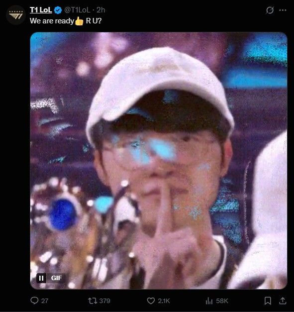 [서울=뉴시스] 머스크는 25일(현지 시간) 공식 엑스를 통해 "'그록5'가 2026년 최고의 LoL 인간 팀을 이길 수 있을지 살펴보겠다"고 밝혔다. T1은 머스크의 글을 리트윗한 뒤 이상혁의 시그니처 포즈(검지손가락을 입술에 대는 쉿 포즈) 영상을 게재하며 "우린 준비됐다"고 답했다. (사진=T1 엑스 캡처) *재판매 및 DB 금지