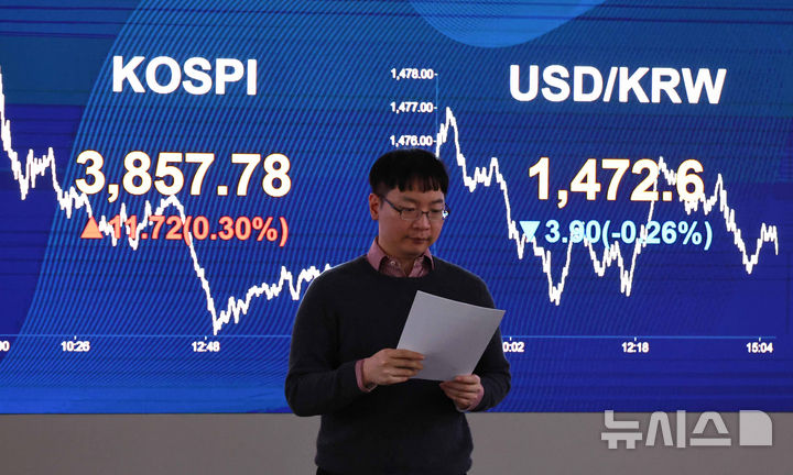 [서울=뉴시스] 김명년 기자 = 25일 오후 서울 여의도 KB국민은행 스마트딜링룸에서 딜러들이 업무를 보고 있다. 코스피는 전 거래일(3846.06)보다 11.72포인트(0.30%) 상승한 3857.78에 마감했다. 코스닥 지수는 전 거래일(856.44)보다 0.41포인트(0.05%) 떨어진 856.03에 거래를 마쳤다. 원·달러 환율은 전 거래일 주간거래 종가(1477.1원)보다 4.7원 내린 1472.4원에 주간 거래를 마감했다. 2025.11.25. kmn@newsis.com