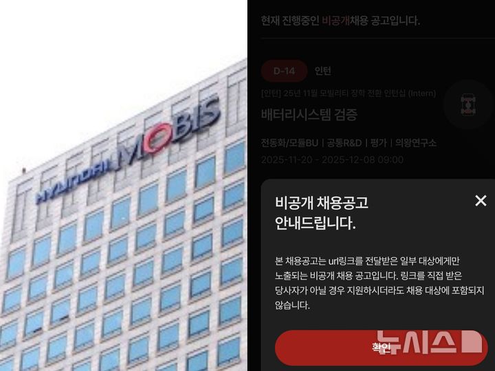 [서울=뉴시스] 왼쪽부터 서울 강남구 역삼동에 있는 현대모비스 본사 사옥과 인턴 채용 사이트에 안내되고 있는 비공개 채용공고 모습. (사진=현대모비스, 현대모비스 채용 사이트 캡처) photo@newsis.com