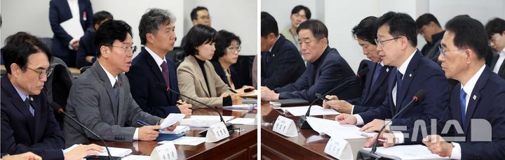 [서울=뉴시스] 조성봉 기자= 김영훈 고용노동부 장관과 안호영(오른쪽 사진) 국회 기후에너지환경노동위원회 위원장이 26일 오전 서울 여의도 국회에서 열린 당정협의회에서 각각 발언을 하고 있다. 2025.11.26. suncho21@newsis.com