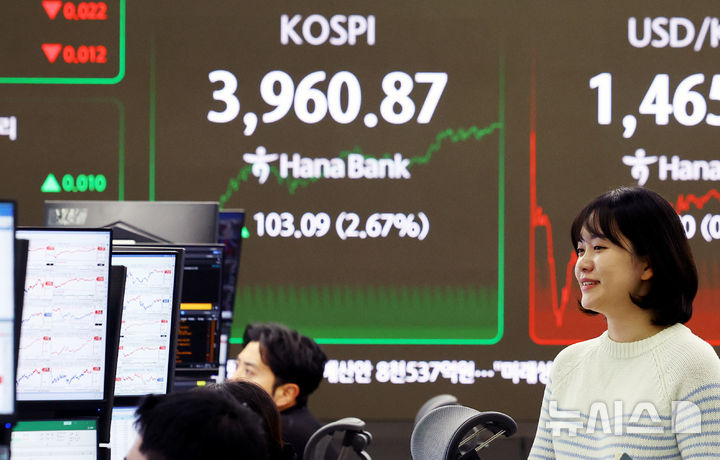 [서울=뉴시스] 박주성 기자 = 26일 오후 서울 중구 하나은행 딜링룸에서 딜러들이 업무를 하고 있다.코스피는 전 거래일(3857.78)보다 103.09포인트(2.67%) 상승한 3960.87에 장을 마쳤다. 2025.11.26. park7691@newsis.com