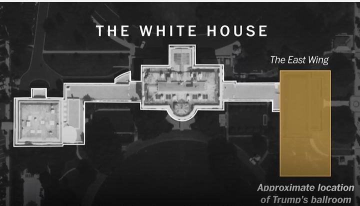 [서울=뉴시스] 워싱턴 포스트가 도널드 트럼프 대통령의 요구대로 백악관 동관을 증개축할 경우 예상되는 모습을 소개했다. 기존에 비슷한 크기의 좌우 날개와 달리 동쪽 건물이 본관을 압도하는 듯한 모양새다.(출처: WP) 2025.11.27. *재판매 및 DB 금지