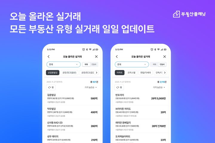 [서울=뉴시스] 부동산플래닛 '오늘 올라온 실거래' 서비스. (사진=부동산플래닛 제공) 2025.11.27. photo@newsis.co *재판매 및 DB 금지