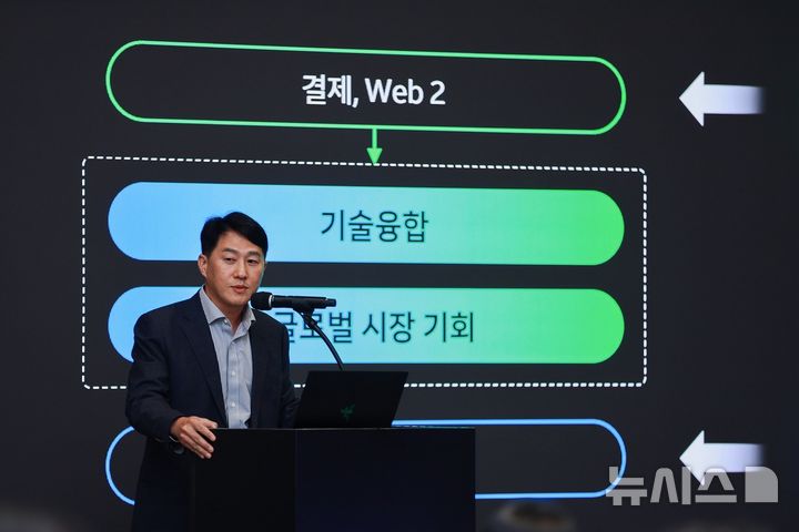 [성남=뉴시스] 오경석 두나무 대표가 27일 오전 경기 성남시 네이버 사옥 '1784'에서 열린 네이버-두나무 공동 기자간담회에서 발표하고 있다. (사진=네이버 제공)