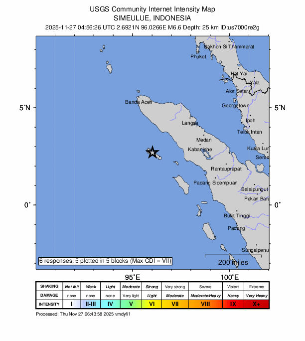 [서울=뉴시스] 인도네시아 수마트라섬 서쪽 해역에서 27일 규모 6.6의 강진이 발생했다고 미국 지질조사국(USGS)이 밝혔다. (사진=USGS 갈무리) 2025.11.27. *재판매 및 DB 금지