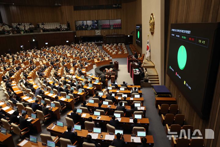 [서울=뉴시스] 조성봉 기자 = 지난달 27일 오후 서울 여의도 국회에서 열린 제429회국회(정기회) 제13차 본회의에서 부패재산의 몰수 및 회복에 관한 특례법 일부개정법률안이 가결되고 있다. 2025.11.27. suncho21@newsis.com