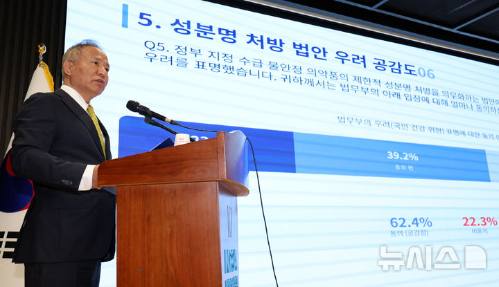 [서울=뉴시스] 조성우 기자 = 대한의사협회 범의료계 국민건강보호 대책특별위원회 홍보위원회 위원장을 맡고 있는 황규석 서울특별시의사협회장이 27일 오후 서울 용산구 대한의사협회 회관에서 성분명 처방 관련 국민 인식 조사 결과를 발표하고 있다. 2025.11.27. xconfind@newsis.com