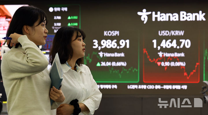 [서울=뉴시스] 최진석 기자 = 코스피가 전 거래일(3960.87)보다 26.04포인트(0.66%) 오른 3986.91에 마감한 27일 서울 중구 하나은행 딜링룸에 종가가 보이고 있다. 코스닥 지수는 전 거래일(877.32)보다 2.74포인트(0.31%) 상승한 880.06에 거래를 마쳤다. 서울 외환시장에서 원·달러 환율은 전 거래일(1465.6원)보다 0.7원 내린 1464.9원에 주간 거래를 마감했다. 2025.11.27. myjs@newsis.com