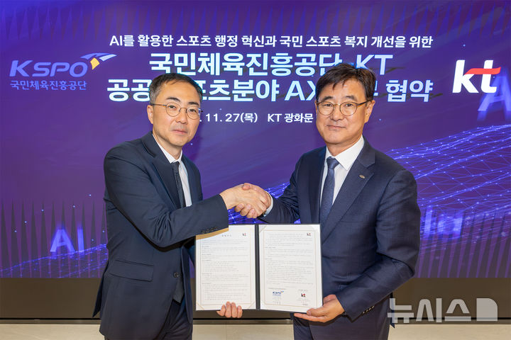 [서울=뉴시스]KT가 국민체육진흥공단과 서울 종로구 소재 KT 광화문 웨스트 사옥에서 'AI 기반 공공 스포츠 복지 서비스 혁신 위한 업무협약'(MOU)을 체결했다고 28일 밝혔다. 사진은 KT 엔터프라이즈부문 공공사업본부장 유용규 전무(왼쪽)가 국민체육진흥공단 박용철 전무이사와 함께 AI 기반 공공 스포츠 복지 서비스 혁신 위한 업무협약(MOU)을 체결하고 기념 사진을 촬영하는 모습. (사진=KT 제공)