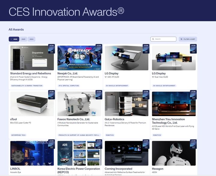 [서울=뉴시스] 2026 CES 혁신상(Innovation Awards) 수상기업이 공개된 공식 홈페이지 화면. 전체 284개 수상기업 중 168개를 한국기업이 차지하며 역대 최대 수상기록을 경신했다. (사진=코트라 제공) 2025.11.30 photo@newsis.com&nbsp; *재판매 및 DB 금지