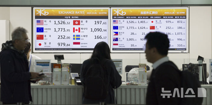 [인천공항=뉴시스] 김근수 기자 = 고환율이 계속되는 28일 인천 중구 인천국제공항 제1여객터미널 은행 환전소에서 여행객들이 환전을 하고 있다. 2025.11.28. ks@newsis.com