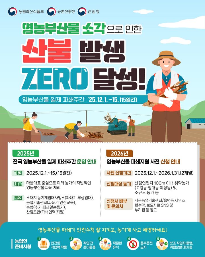 [세종=뉴시스] 농림축산식품부가 농촌진흥청, 산림청, 지방자치단체 등과 함께 다음달 1일부터 15일까지 '전국 영농부산물 일제 파쇄 주간'을 운영한다고 30일 밝혔다. (포스터 = 농식품부 제공) 2025.11.29. *재판매 및 DB 금지
