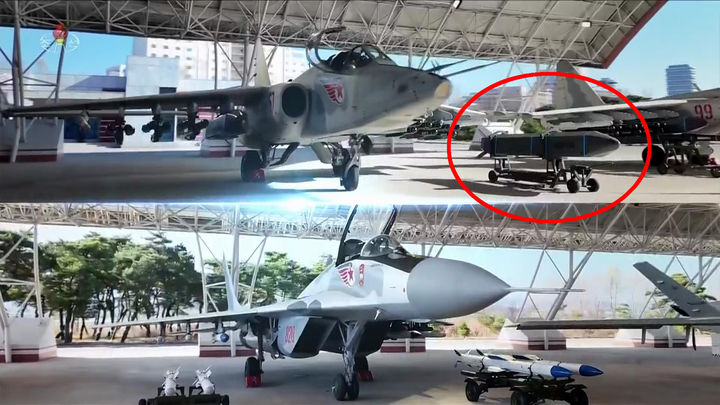 [서울=뉴시스] 김정은 국무위원장이 지난 28일 제2공군사단 59길영조영웅연대 갈마비행장에서 진행된 조선인민군 공군창설 80돌 기념행사에 참석했다고 조선중앙TV가 30일 보도했다. 이번 행사에서는 북한판 타우러스로 추정되는 미사일(빨간 원)이 공개됐다는 분석이 나왔다. 군사전문기자 출신인 국민의힘 유용원 의원은 "타우러스 KEPD 350과 유사한 북한판 타우러스로 추정되는 공대지 미사일이 공개됐다"라며 "전투기에 탑재할 무장의 성능개량 등 장거리 공대지 공격 능력 향상을 시도 중인 것으로 보인다"라고 분석했다. (사진=조선중앙TV 캡처) 2025.11.30. photo@newsis.com *재판매 및 DB 금지